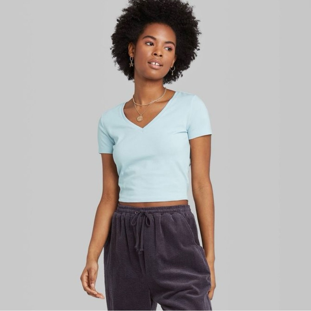 Short SleeveBoxy Cropped V-Neck T-Shirt-Wild Fable-Aqua Blue-Large.